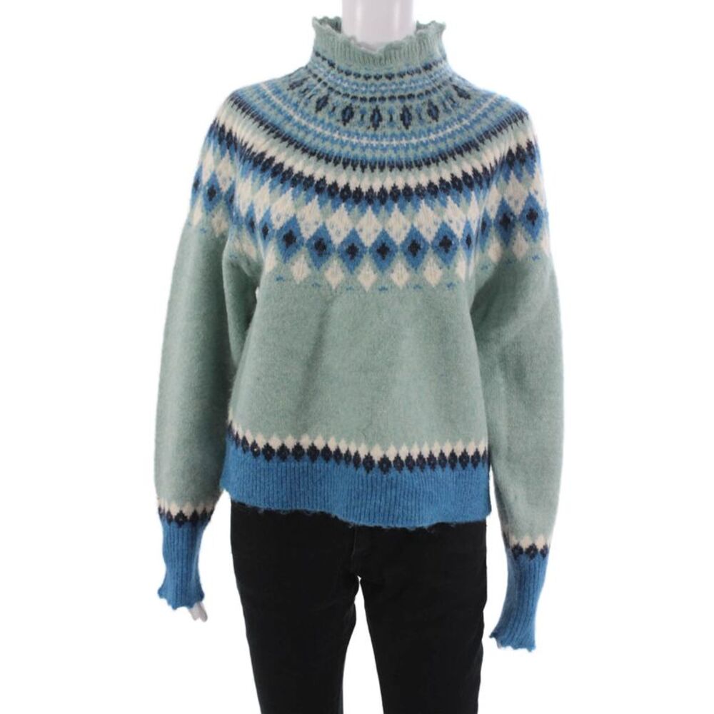 One Collective Unisex Pullover Fair Isle High Neck Long Sleeve Blue Size S